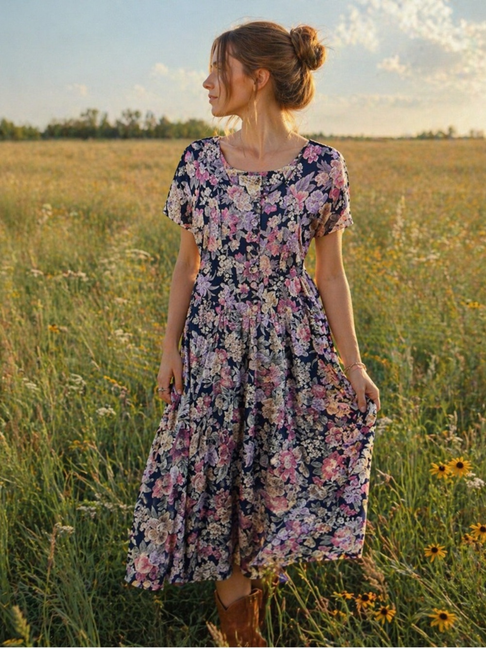 Vintage Prairie Cottagecore XS 100% Cotton Benson & Smith Floral Dress Classic